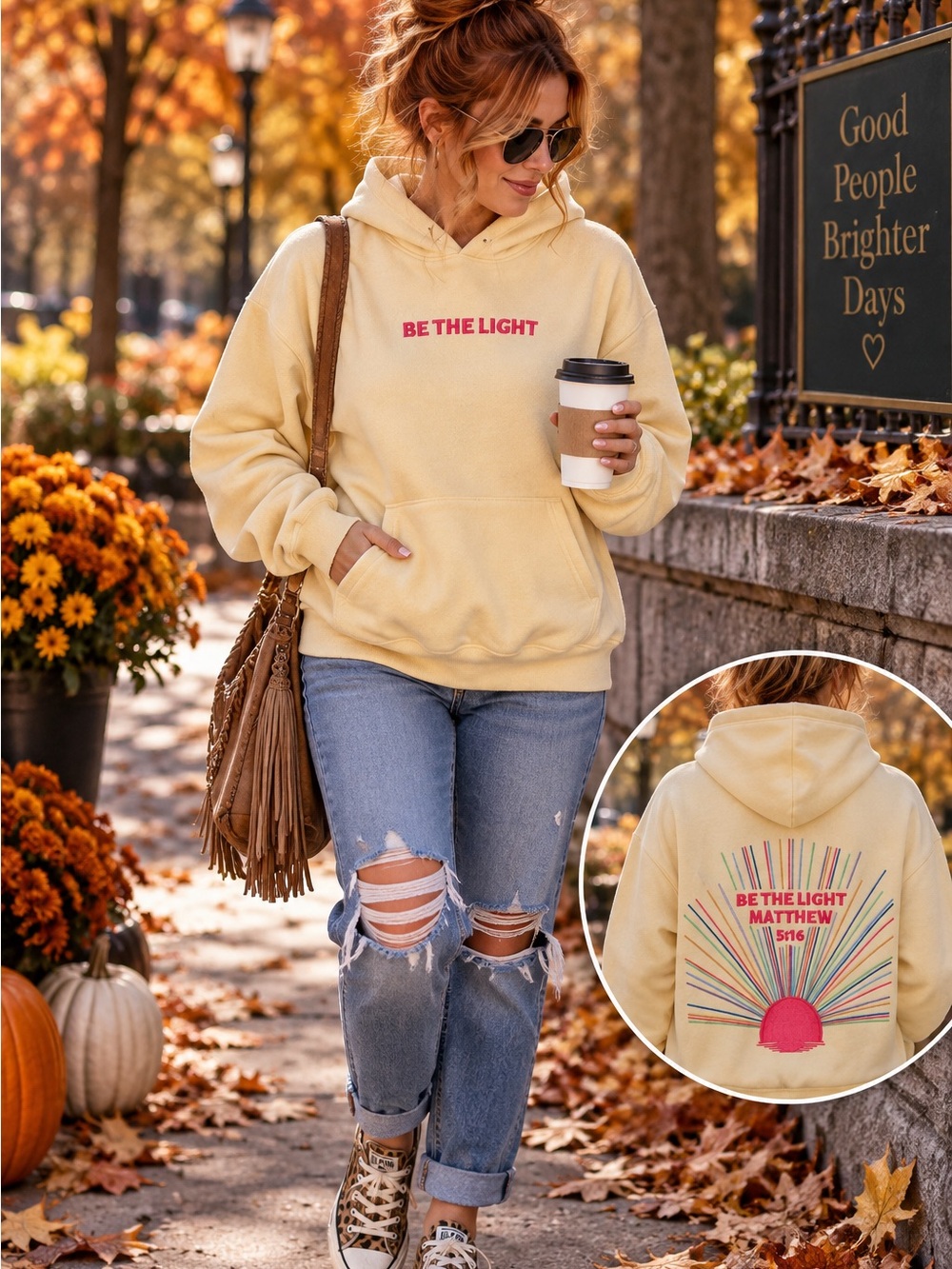 Faded Rose “Be the Light” Embroidered Hoodie — M — NWT